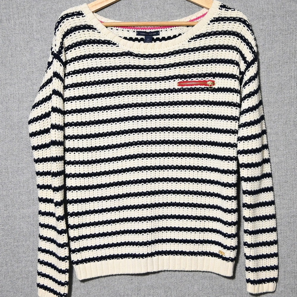 Tommy Hilfiger Sweater Womens Striped Nautical Knit S White Navy Blue